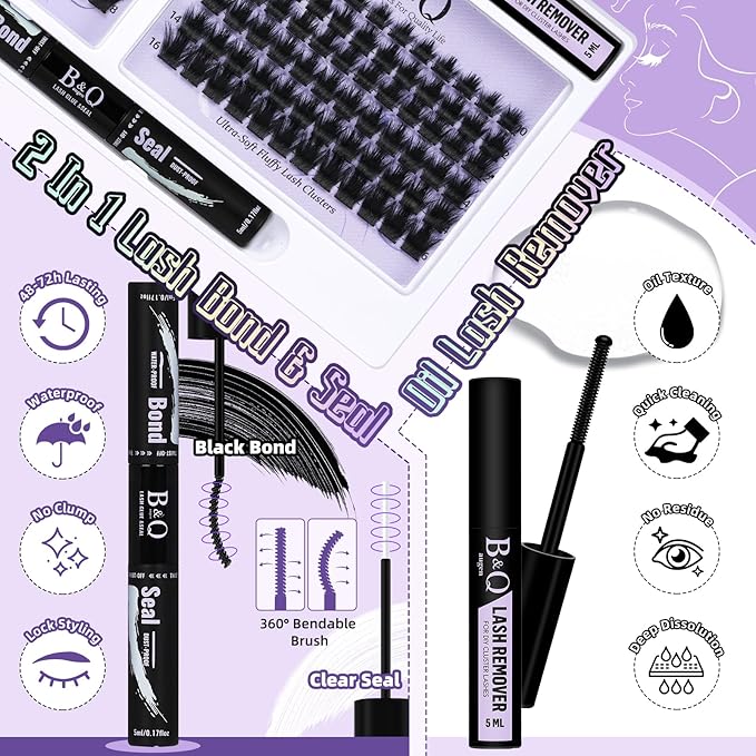 B&Q Lash Extension Kit F05 Eyelash Extension Kit 144 PCS Ultralight Eyelash Clusters Lash Clusters Kit 8-18MIX DIY Ultra-Soft False Eyelashes at Home with Lash Applicator Tools (Kit，F05)