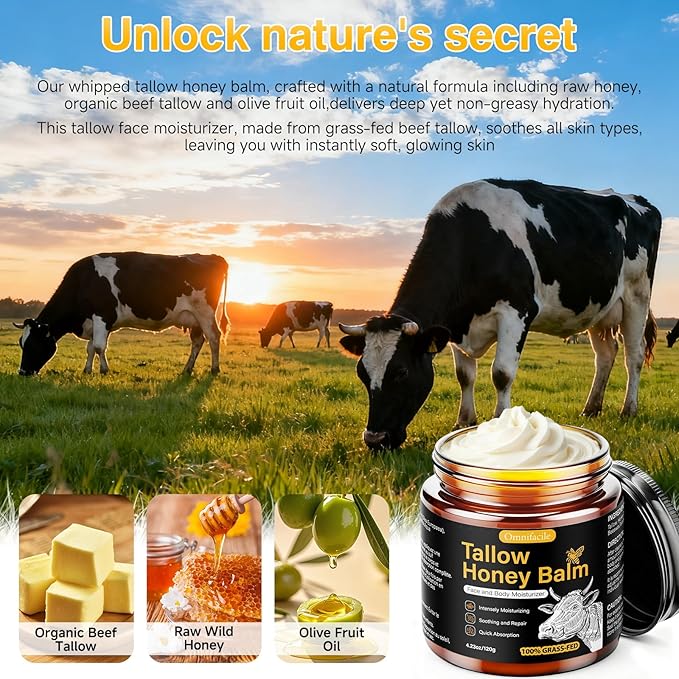 Beef Tallow Honey Balm for Skin,Face,Body - Handmade Whipped Cream Face Moisturizer with 100% Grass-Fed Beef Tallow & Raw Honey,Narural Organic Body lotion for Men&Women,Unscented,4.23OZ
