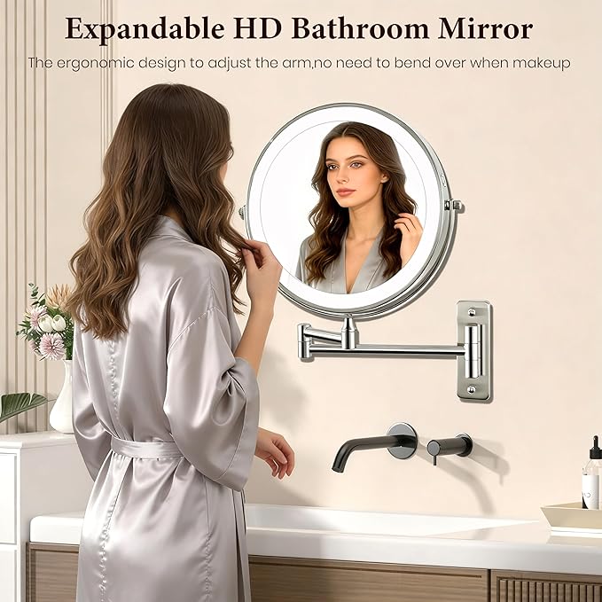 9" Large 15X Rechargeable Wall Mounted Lighted Makeup Mirror Nickel, 5000mAh HD Magnifying Mirror with 3 Color Bright Lights Touch Screen Dimmable, 17" Extendable 360° Swivel Bathroom Vanity Mirror