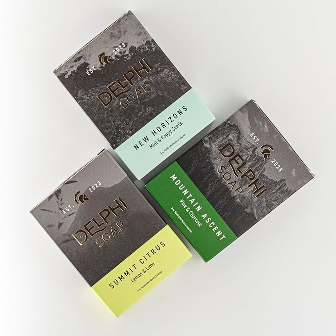 DELPHI Soap Men's Natural 5 oz Moisturizing Bar Soap Made from Natural Oils - Mountain Man 3 pack - Exfoliating - Mountain Ascent, Summit Citrus and new Horizons 3 Bundle