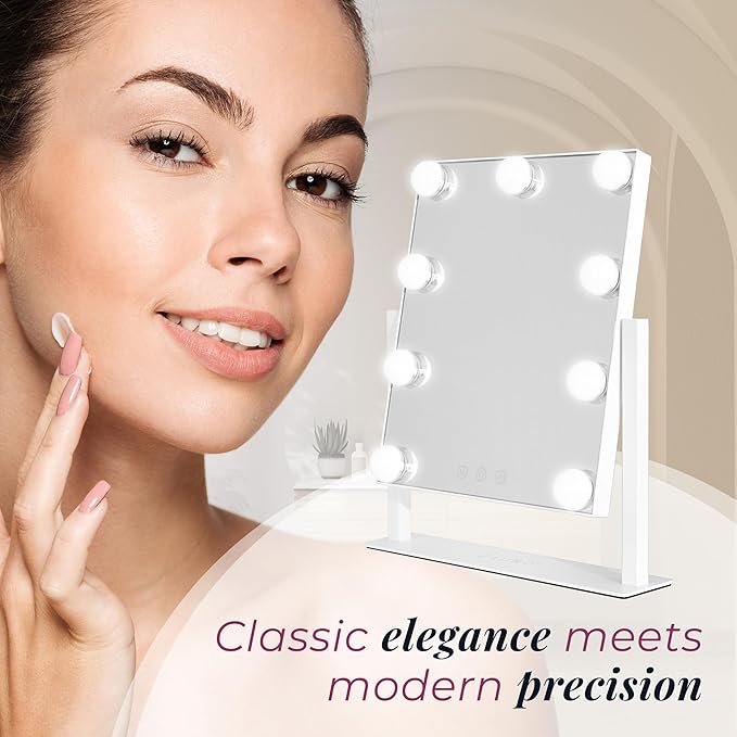 Zadro Hollywood Lighted Vanity Mirror with 9 LED Bulbs, 3 Color Light Settings, 360° Rotation Makeup Mirror Head (14" H x 12" W | 1X | White)