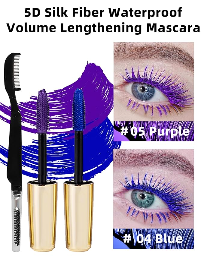 2PCS Blue Purple Waterproof Mascara for Eyelash, 5D Silk Fiber Liquid Lashes Extensions Colored Mascara with Eyelash Comb Brush, Long Lasting Volumizing and Length,Christmas Eye Makeup Gift for Women