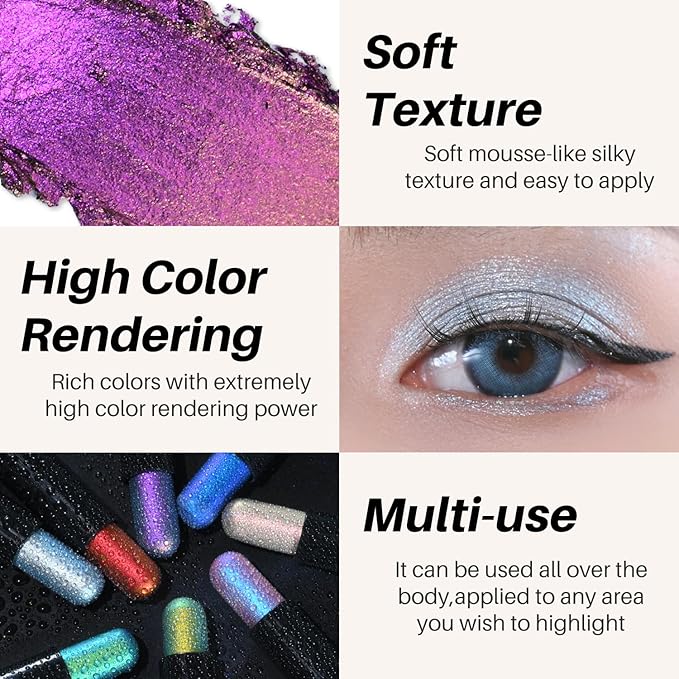 CHARMACY Duochrome Glitter Eyeshadow Stick, Chameleon Metallic Shimmer Smoky Eye Shadow, Long-Lasting Water-Resistant Formula, High Pigmented, Built-in Smudger #05