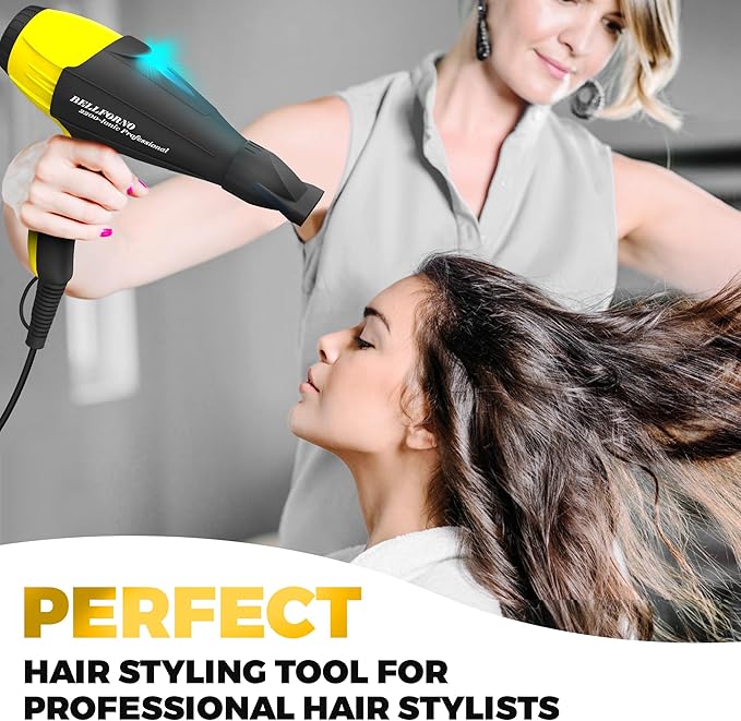 High-Power 2200W Ionic Hair Dryer - Fast-Drying, Constant Temperature Technology, AC Motor - Ideal for Curly Hair Care, Suitable for All Hair Types - HairDryer for Both Women and Men Black/Yellow