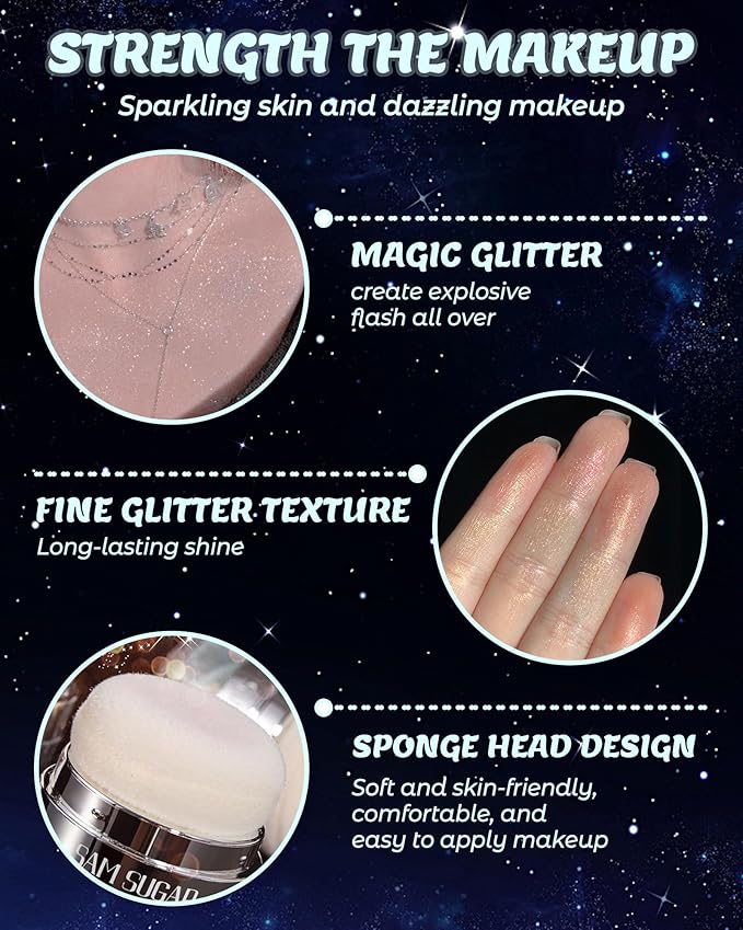 Glitter Air Cushion Highlighter Powder - 3D Contour & Brighten Face, Eyes, Body, Hair | Pearlescent Patting Powder Create a Shimmering Look | Easy-Use & Perfect for Daily & Special Occasions
