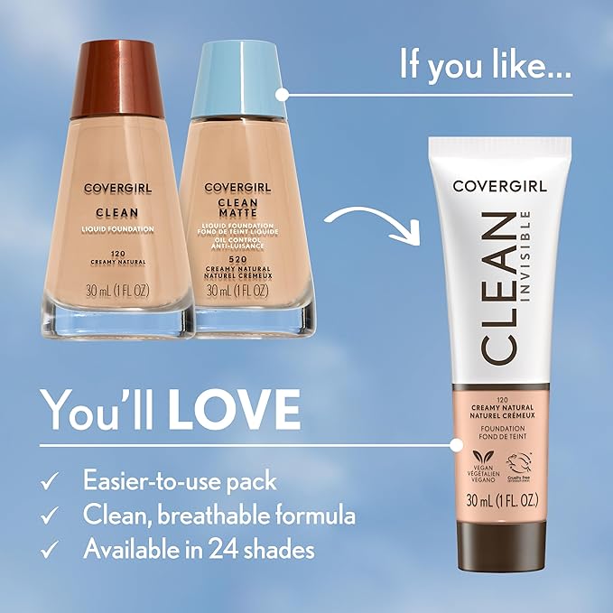 COVERGIRL Clean Invisible Foundation Makeup, Dewy & Glowy Natural Finish, Buildable Coverage, Skin-Like Smooth Look, Vegan, Creamy Beige, 1oz