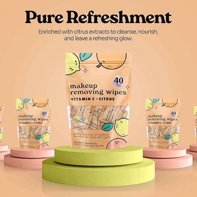 Pink Sky Makeup Remover Wipe for Face - Ultra Soft, Mini Makeup Wipes Individually Wrapped, Travel Makeup Wipe, Gently Cleanse & Remove, 40 Count (40 Wipes, VITAMIN C & CITRUS)
