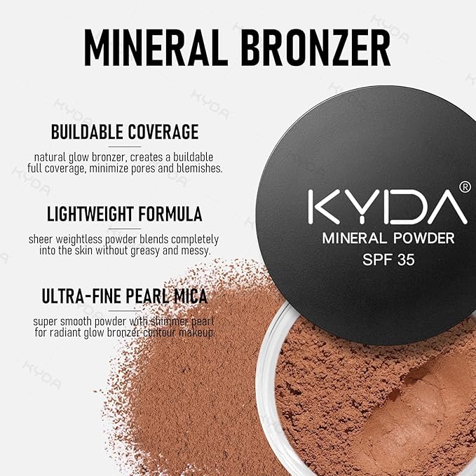 KYDA Mineral Powder Bronzer, SPF 35, Loose Mineral Bronzer, Lightweight Face Contour Powder, Buildable Coverage for Natural Glow Contour Makeup, Blendable Formula, 0.28 oz, Warmth