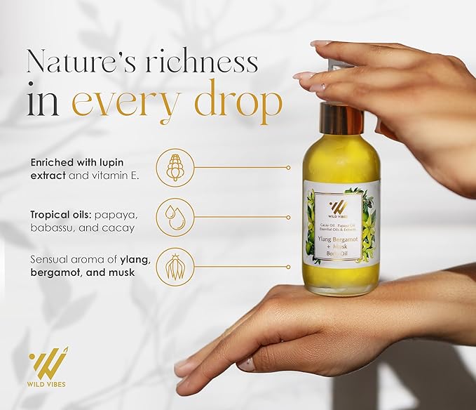 Wild Vibes Ylang Bergamot + Musk Body Oil with Vitamin E for Women After Shower – Nourishing Botanical Blend with Jojoba, Papaya Seed & Cacay Oil – Lightweight Hydration for Radiant Skin 4oz