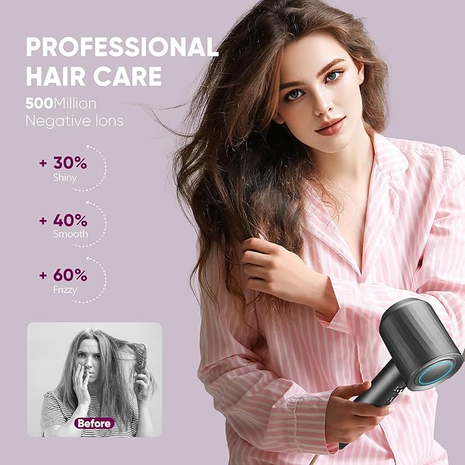 Professional High-Speed Hair Dryer 110,000 RPM, Fast Drying with 500M Negative Ions, Salon-Grade Low Noise Thermo-Control, Includes Magnetic Diffuser & Nozzle (for Home&Travel)-Black
