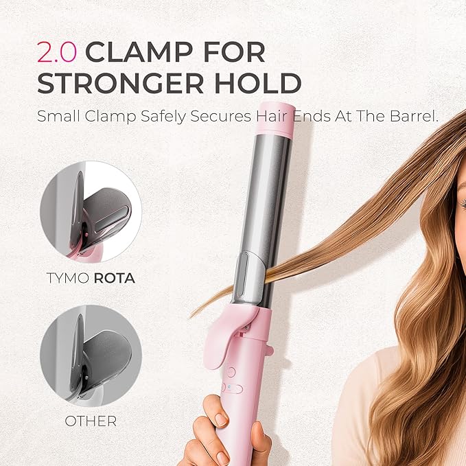Rotating Automatic Curling Iron for Beach Waves - TYMO Curling Wand for Long Hair, Extra Long Barrel Ceramic Hair Curler for Women, 40M Ionic & Dual Voltage, 5 Temps & 30s Heat-up, 1.25 Inch, Pink