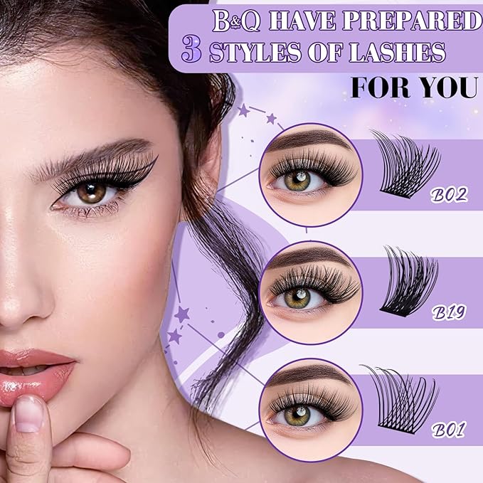 Lash Clusters Kit B01+B02+B19 Eyelash Extension Kit B&Qaugen DIY Lash Extension Kit 156 PCS Lash Clusters 8-18mm Cluster with Lash Bond and Seal Lash Applicator Tool (Kit,Andromeda)