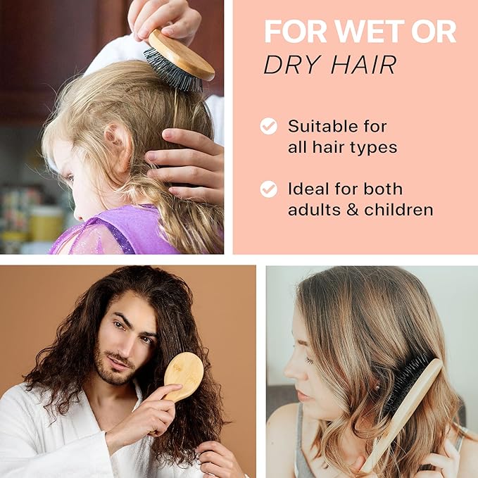 Detangler Bristle Bamboo Hair Brush - For Women, Men, and Kids, Versatile for Wet or Dry Hair, Use With Hair Products