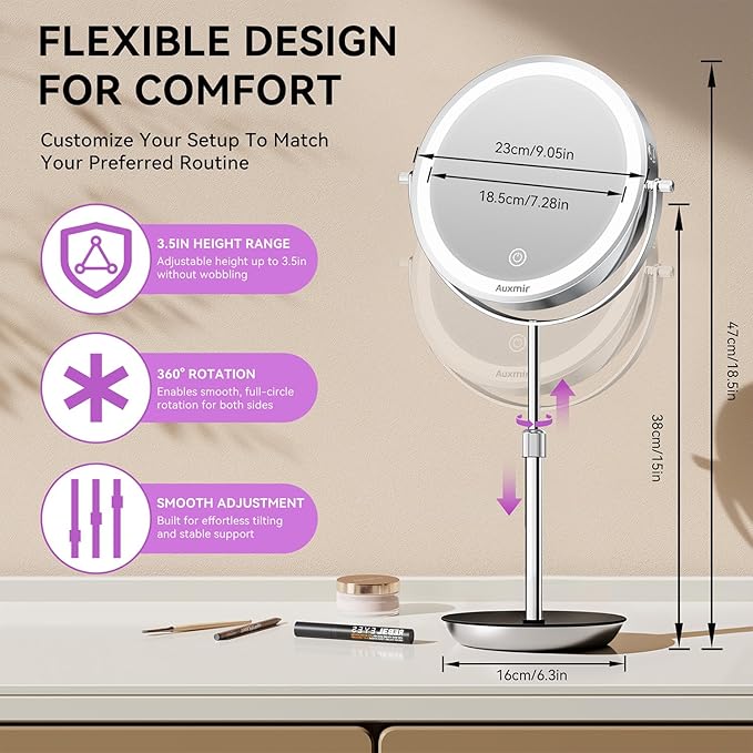 Auxmir 9" Large Lighted Makeup Mirror with Magnification, 1X/30X Double Sided Magnifying Mirror with Adjustable Height, Rechargeable Vanity Mirror with 3 Color Dimmable Lights, 360° Rotation
