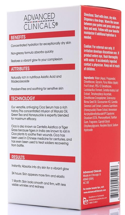 Advanced Clinicals Cica Serum Moisturizing Anti-Wrinkle Face Serum Plumps, Lifts, Evens Skin Tone, Reduces Redness Made with Natural Extracts in the USA, 1.75 fl. oz.