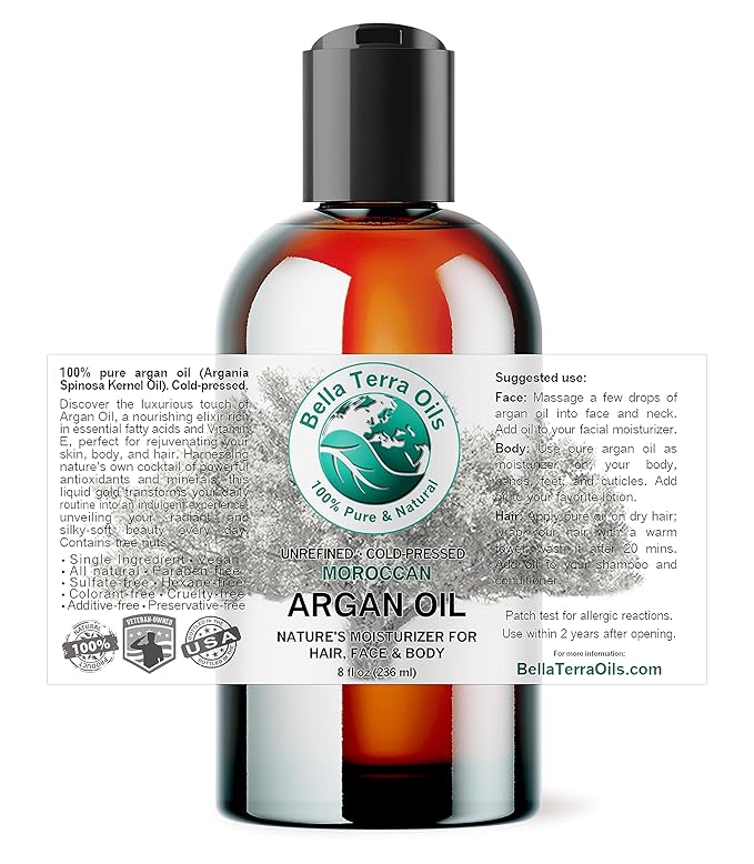 Bella Terra Oils - Argan Oil 8 oz - Pure Moroccan Elixir, Enhances Shine in Hair, Deeply Nourishes Skin, Perfect Oil for Curly Hair