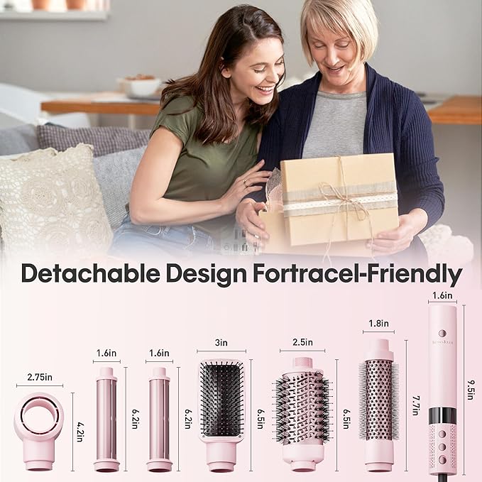 6 in 1 Blow Dryer Brush Set, Powerful Hair Dryer Brush with Auto-Winding Curl L/R, Fast Drying, Smooth Blowouts, Root-Lift Volume, No Heat Damage Frizz-Free Thermal Brush, Hot Air Styler for Travel