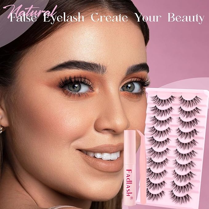 FADLASH False Eyelashes Kit Natural Cat Eye Lashes with Thin Band Wear Comfortable Black Fake Lashes 10 Pairs Lash Applicator Tool at Home, LZ209