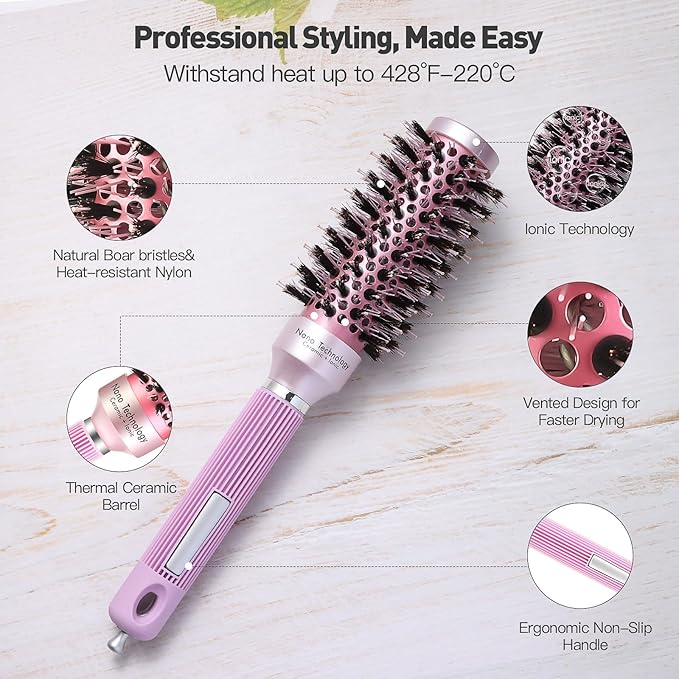 URTHEONE Round Hair Brush for Women Blow Drying, Ceramic Ionic Styling Tool with Mixed Bristles and Hair Clips, for Smooth and Voluminous Styles on Short Bangs Hair (1.3 Inch)