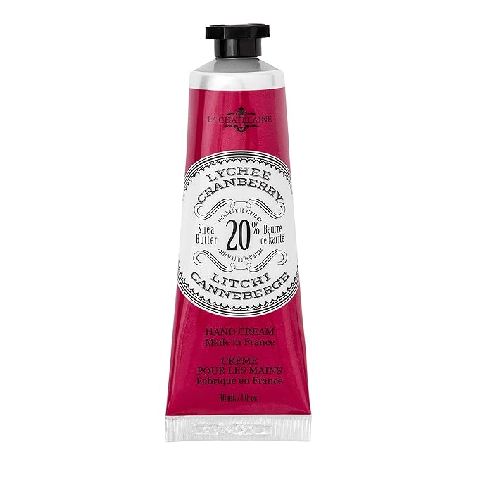La Chatelaine 20% Shea Butter Hand Cream Travel Size, Organic Argan Oil, Moisturizing, Nourishing, Repairing, Extra-Rich Hand Lotion, Made in France, Paraben Free, 1 oz / 30ml (Lychee Cranberry)