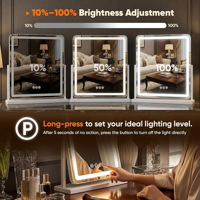 Antok Vanity Mirror with Lights, 32"X22" Lighted Makeup Mirror, Smart Touch, 3 Color Modes and Brightness Adjustable, LED Vanity Mirror with Detachable 10X Magnification, 360° Rotation for Makeup Desk