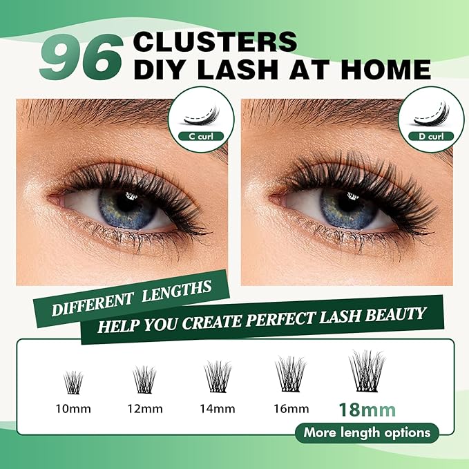 Lash Clusters 96pcs Individual Lashes Y08 D Curl 10-18MIX Cluster Lashes KEYYOU Volume Wispy Lash Extension Soft&Comfortable Easy DIY at Home(Y08 D-10-18MIX)