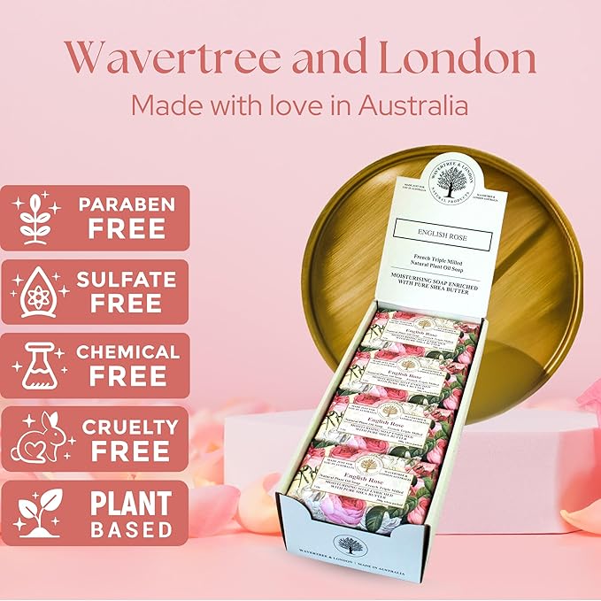 Wavertree & London English Rose Scented Natural Soap Bars for Women & Men (8 x 7oz) – Moisturizing Triple-Milled Soap Bars Enriched with Shea Butter – Plant-Based Bath & Body Bar for All Skin Types