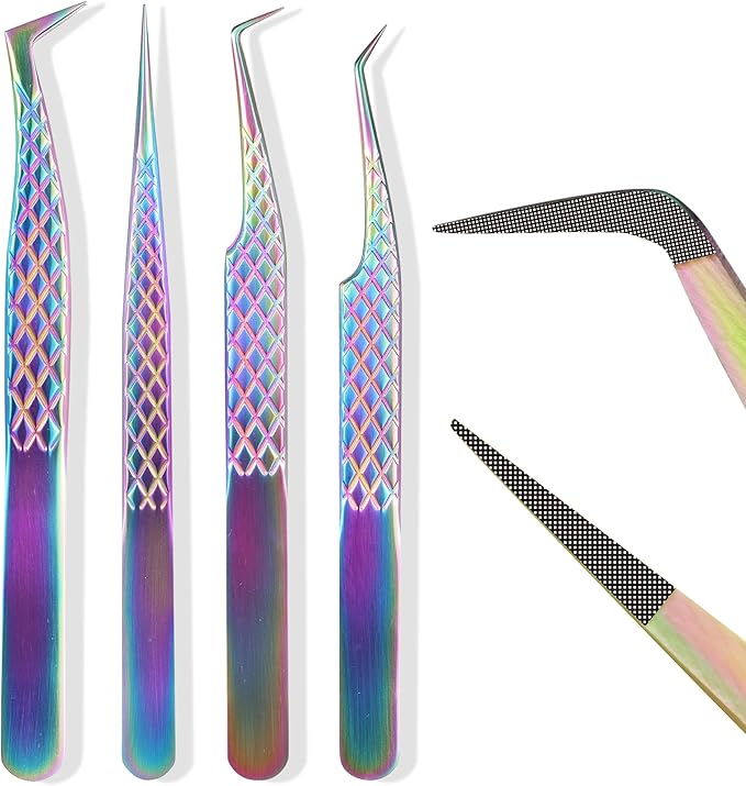 Fiber Tip Lash Tweezers For Eyelash Extension 4 Pcs Tweezers Professional Artist Tech Work Kit Tools,Best Volume Eyelash Lashes Extensions Precision Supplies Volume Boot 90 45 Degree(Multi)