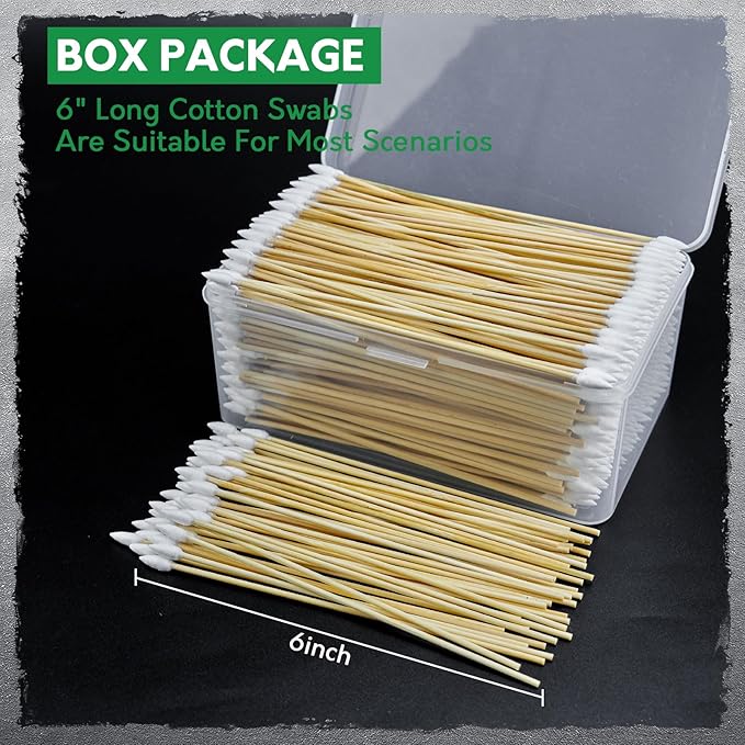 500PCS 6" Long Cotton Swabs in Storage Box - Strong Cleaning Swab with Bamboo Handle - Lint Free Cotton Swabs with Wooden Sticks - Cotton Tipped Applicators for Gun Cleaning, Makeup Removing, Pet Care
