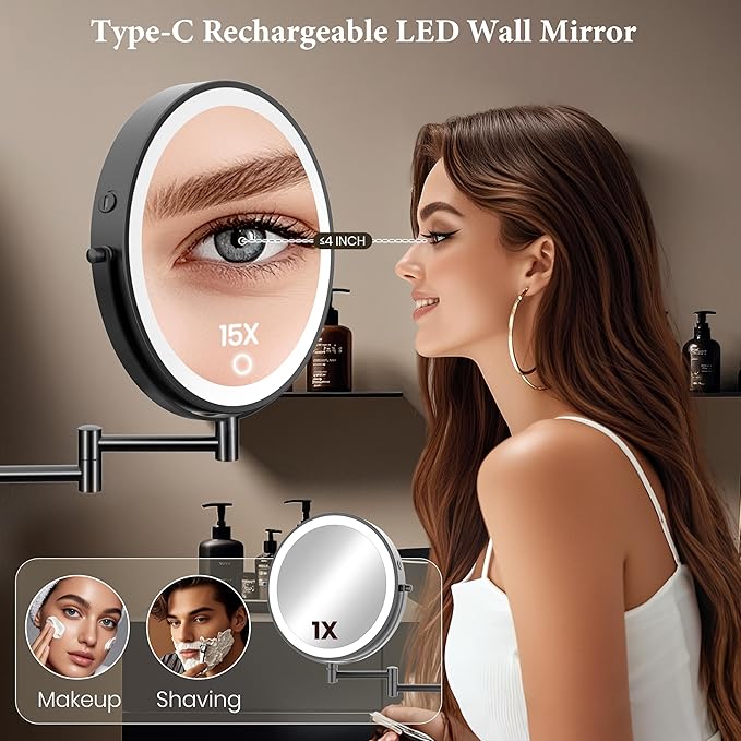 9" Large Wall Mounted Lighted Makeup Mirror Black Nickel, 1X/20X Magnifying Mirror with 3 Color Light, LED Lights Dimmable 5000mAh Rechargeable Wall Mount Makeup Mirror, 360° Swivel 17" for Bathroom