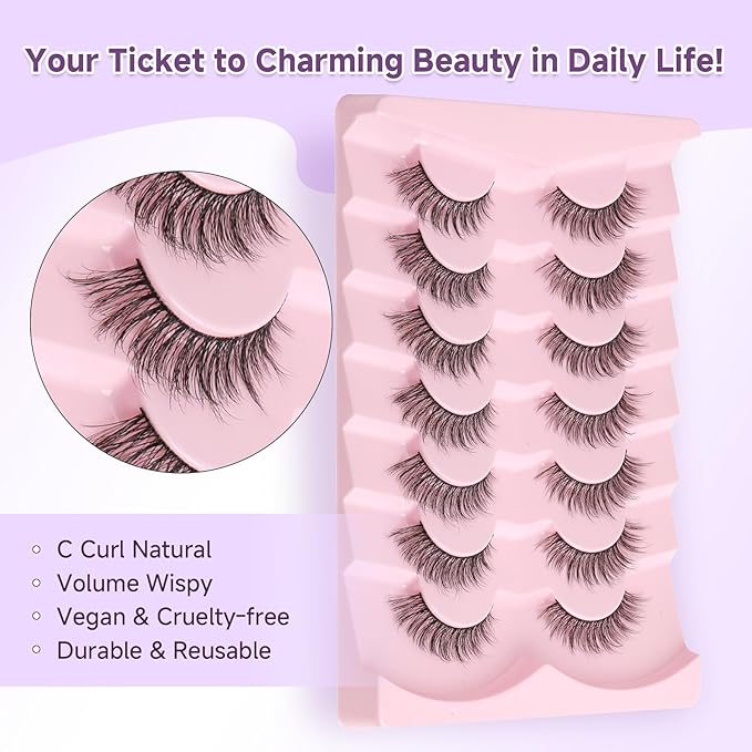Cat Eye Lashes Natural Eyelashes 16MM False Eyelashes Wispy Thin Band Eyelashes 3D Volume False Lashes Soft Strip Lashes Pack C Curl Natural Eyelashes Fake Lashes 7 Pair EVENTILL
