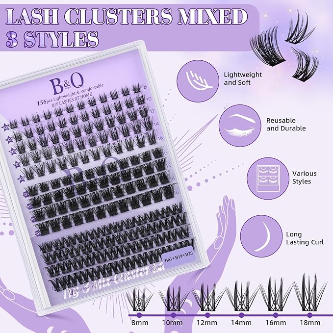 Lash Clusters Kit B03+B19+B20 Eyelash Extension Kit B&Qaugen DIY Lash Extension Kit 156 PCS Lash Clusters 8-18mm Cluster with Lash Bond and Seal Lash Applicator Tool (Kit,Equuleus)
