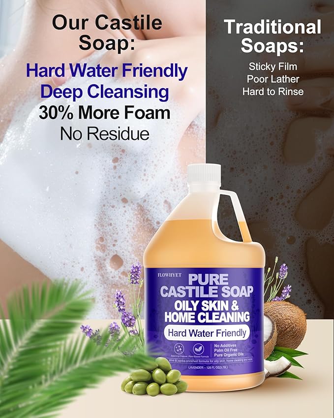 Pure Castile Soap Liquid Lavender 1 Gallon (128 fl oz) Refill – Natural Organic Body Wash, Hard Water Friendly Bath Soap Liquid for Oily Skin,Body,Face, Laundry & Home Cleaning