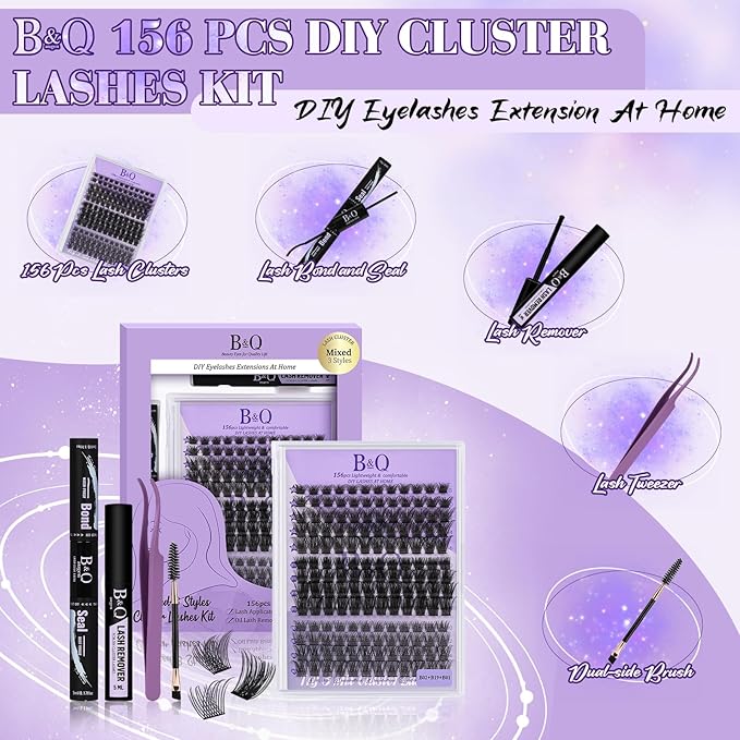 Lash Clusters Kit B01+B02+B19 Eyelash Extension Kit B&Qaugen DIY Lash Extension Kit 156 PCS Lash Clusters 8-18mm Cluster with Lash Bond and Seal Lash Applicator Tool (Kit,Andromeda)
