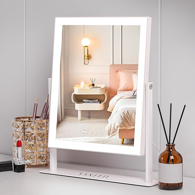 VANITII Vanity Mirror with Lights LED Lighted Makeup Mirror with Magnification 9”x12” Hollywood Mirror 3 Color Lighting 360 Rotation Smart Touch Control for Desktop Dormitory Bedroom