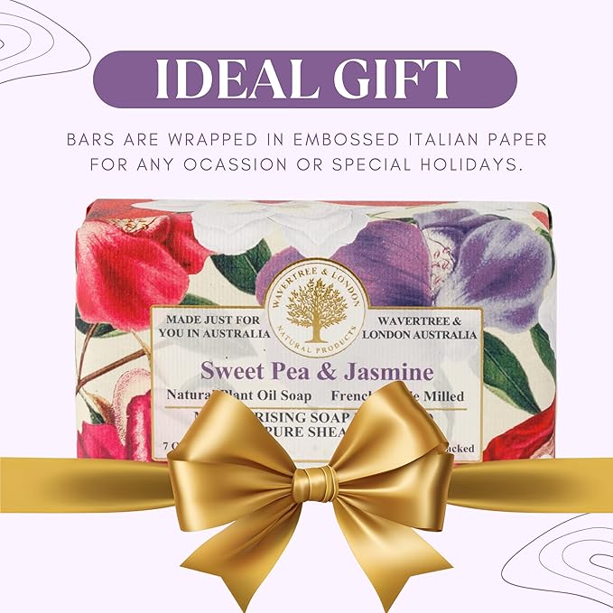 Wavertree & London Sweet Pea & Jasmine Scented Natural Soap (8 Bars), 7oz Moisturizing French Triple Milled Soap Bars enriched with shea butter - Pure Plant Oil Bath & Body Bars for All Skin Types
