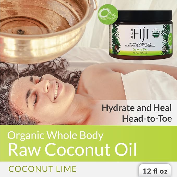 Organic Fiji Raw Cold Pressed Coconut Oil for Hair, Skin, Face & Body | Relaxing Massage Oil | Coconut Lime,12 oz for Women Men & Baby