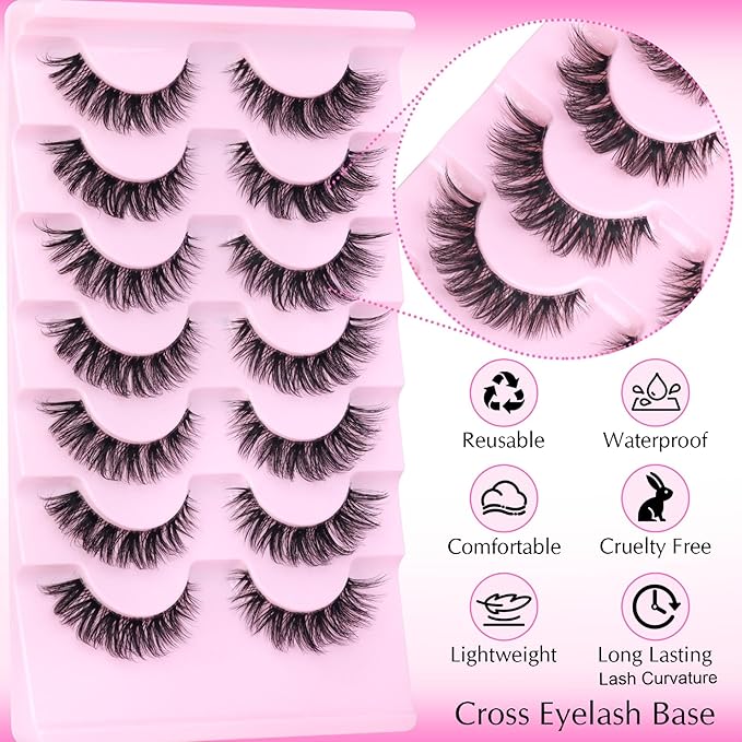 Wispy Lashes False Eyelashes Clear Band Cat Eye Lashes Natural Look 15MM Fake Eyelashes Pack Pestañas Postizas Naturales Wispy D Curvature Lashes, 7 Pairs