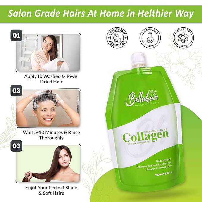 Bellahair Hydrating Collagen Hair Mask for Dry Damaged Hair and Growth - Hydrolyzed Keratin, Protein, SheaButter, Argon Oil & Botanical Extracts - Deep Repairs, Smooths & Strengthens All Hair-17Oz