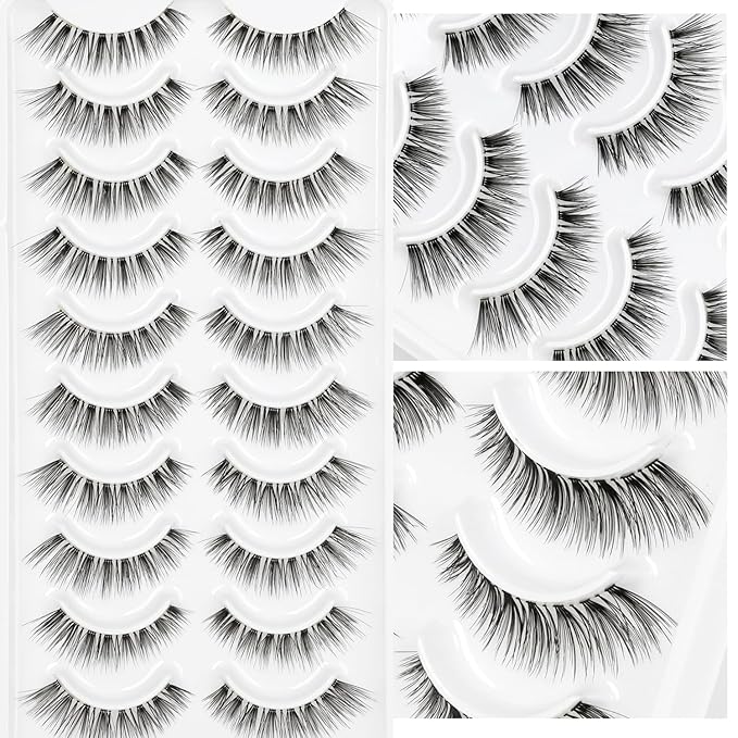 False Eyelashes Natural Lashes Wispy - 12mm Pestañas Postizas Naturales Cat Eye 10 Pairs Demi Wispies Short Fake Lashes Strips with 0.1mm Ultra Thin Clear Band by EMEDA (WISPY 02)