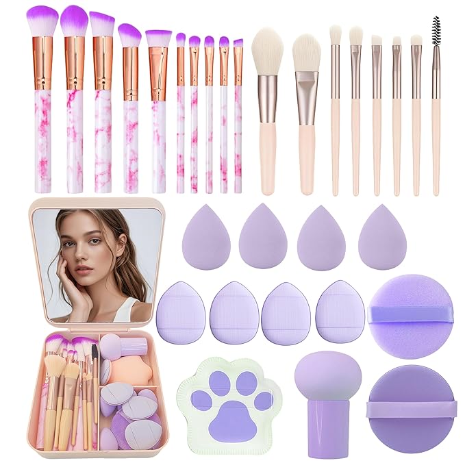 Purple Makeup Brush Set for Girls, Include 18 Pcs Makeup Brush & 12 Pcs Blending Sponge & Mirror Case, Nice for Learning Makeup