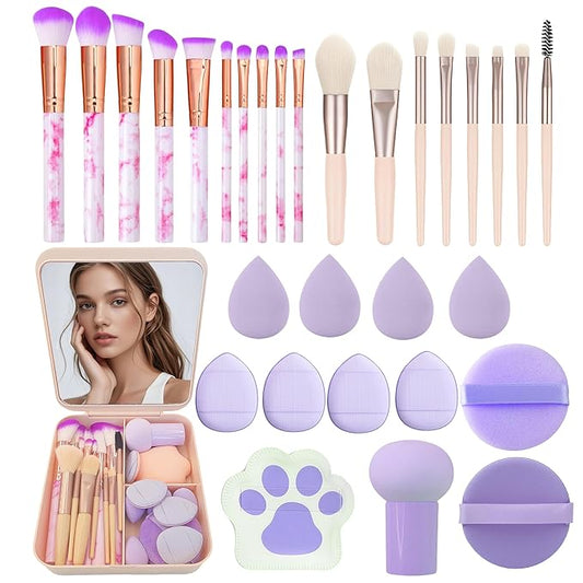 Purple Makeup Brush Set for Girls, Include 18 Pcs Makeup Brush & 12 Pcs Blending Sponge & Mirror Case, Nice for Learning Makeup