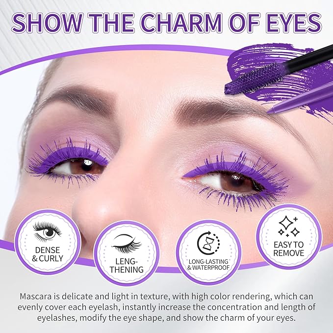 Purple Mascara and Eyeliner Set,5D Colored Mascara Volume and Length Waterproof,Natural Curling rimel de pestañas,Suitable for Women Eye Makeup