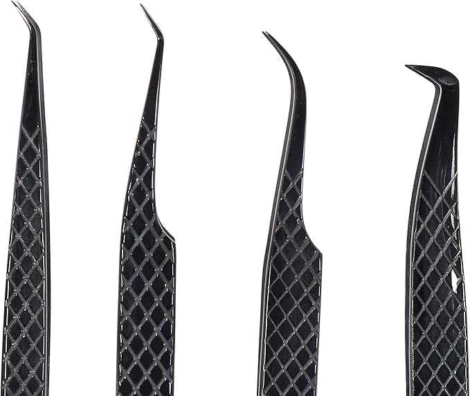 M LASH Tweezers for Eyelash Extensions (Set of 4) - Professional Lash Extension Tweezers - Fiber Tip, Japanese Steel, Diamond Grip Eyelash Extension Tweezer (Black)