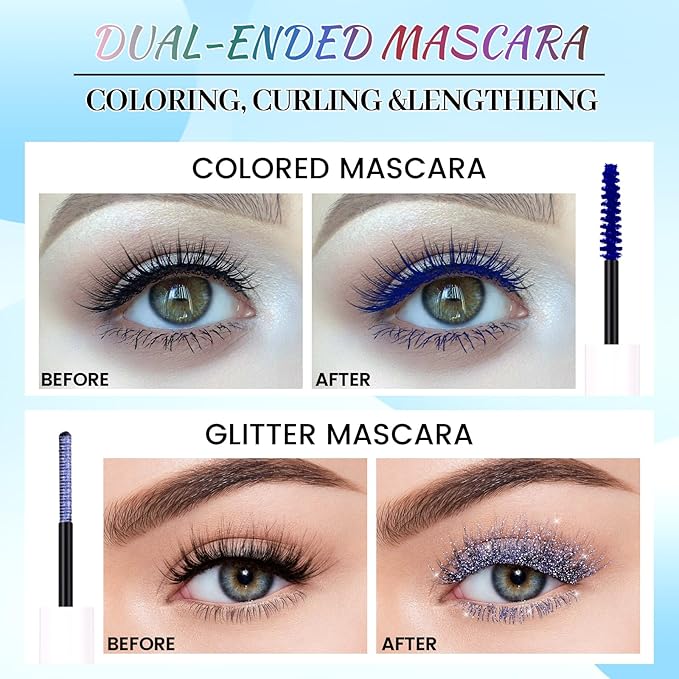 DAGEDA Pink Dual-Ended Mascara, 2 In 1 Quick-Drying Glitter & Matte Colored Mascara for Eyelashes, Smudge-proof Lengthening Voluminous Curling Eye Makeup Look 01