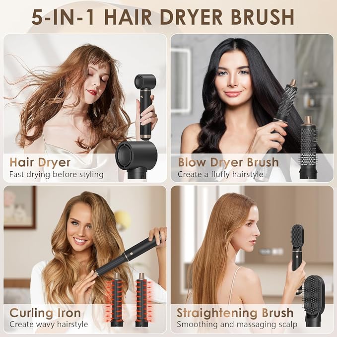 Blow Dryer Brush 5 in 1, Multi Ionic Hair Dryer Brush Set, Air Auto Wrap Hair Styler with 3 Temperature, Powerful Hair Styling Tools Set for Fast Drying, Curling, Straightening & Smoothing
