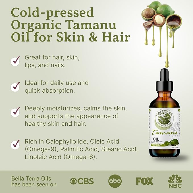 Bella Terra Oils - Organic Tamanu Oil 16 oz - Harness the Power of Nature, Infused with Stearic Acid & Calophyllolide, Perfect Choice for Luxurious Skin Nourishment