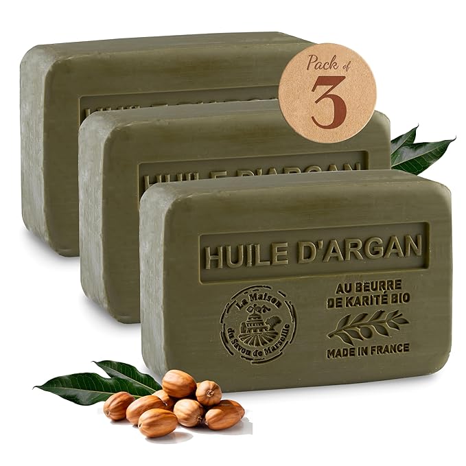 Argan Oil Soap Bars 3xPack – Enriched With Organic Shea Butter - 97% Natural Ingredients - Traditionally Made - French Milled in Provence - Gentle For Skin – 3x8.8 oz - La Maison Du Savon