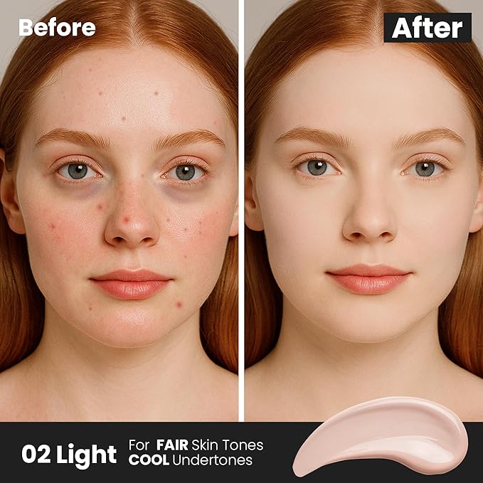 FV Waterproof Liquid Concealer, Full Coverage for Dark Circles, Redness, Fine Lines and Acne, Lightweight & Longwear, Matte Hydrating Concealer Makeup for Women, 02 Light