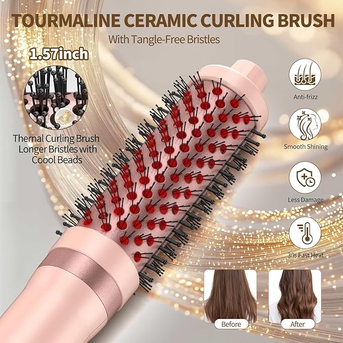 High Speed Thermal Blow Dryer Curling Brush, 110000RPM Hot Air Hair Dryer Volume, 1.57’ Beachy Waver Blowout Brush Hair Styler with Less Frizz, Reduced Heat Damage, More Shine